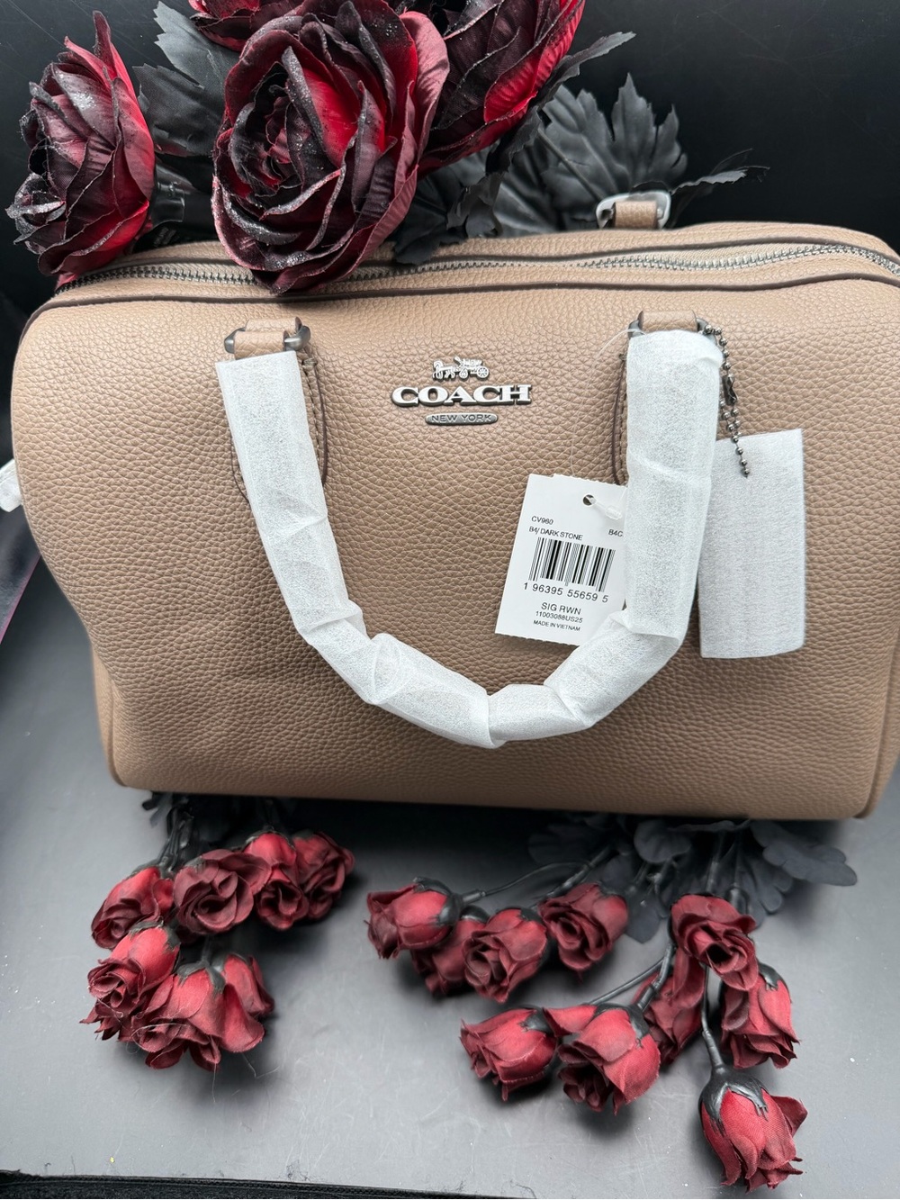 Coach Pebbled Leather Large Rowan Satchel Bag in Dark Stone / Taupe